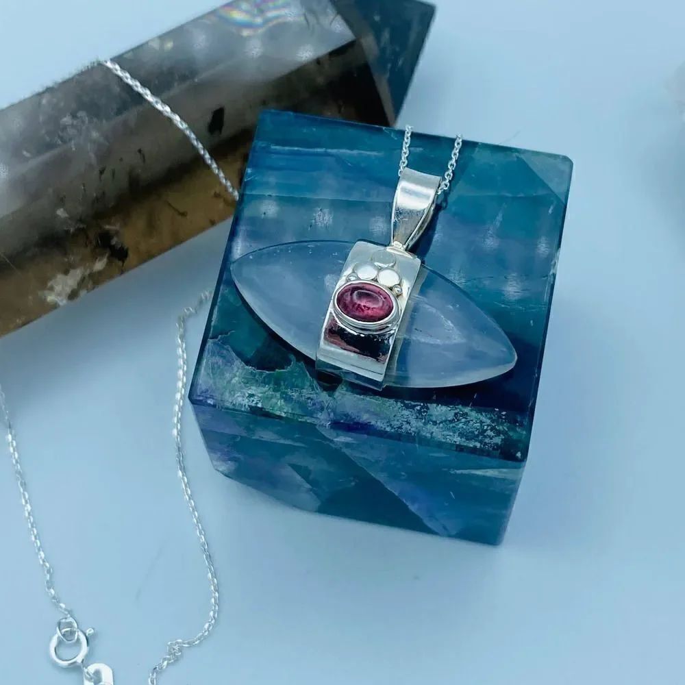 Selenite and Pink Tourmaline Sterling Silver Necklace